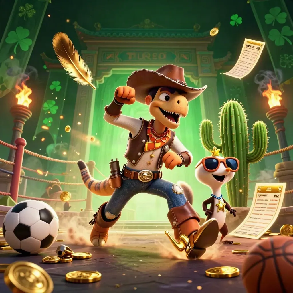 T-Rex cowboy, cactus and roadrunner amid casino treasure, temple gate and glowing effects
