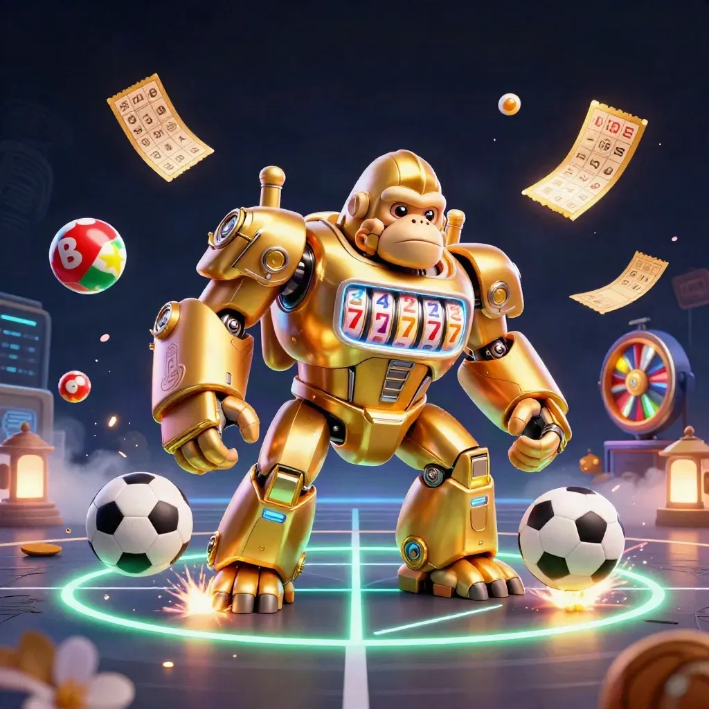 Golden gorilla mech with monkey pilot, slot reels, lottery balls and casino glow on a dark neon court.