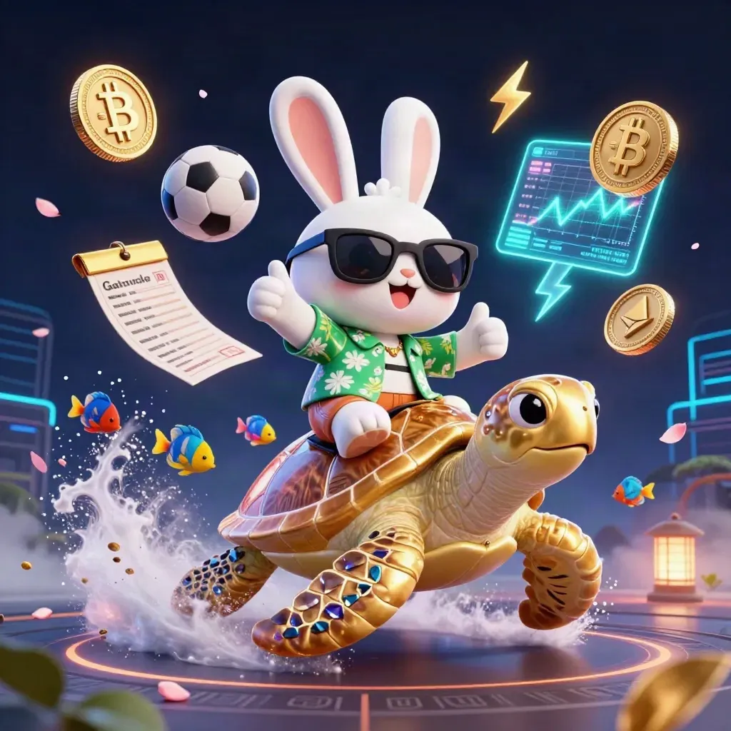 Lucky rabbit on a golden turtle amid crypto coins, sports balls, and neon casino effects.