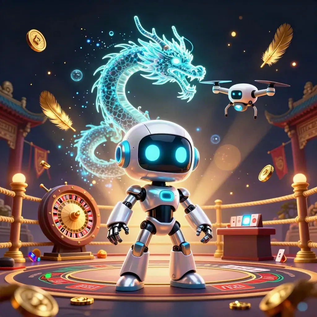 Robot, AI dragon, and coin drone in a neon casino temple with gold light and smoke.