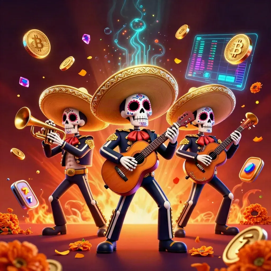 Skeleton mariachi trio amid neon casino coins, slot symbols, ember glow, and cinematic lighting.