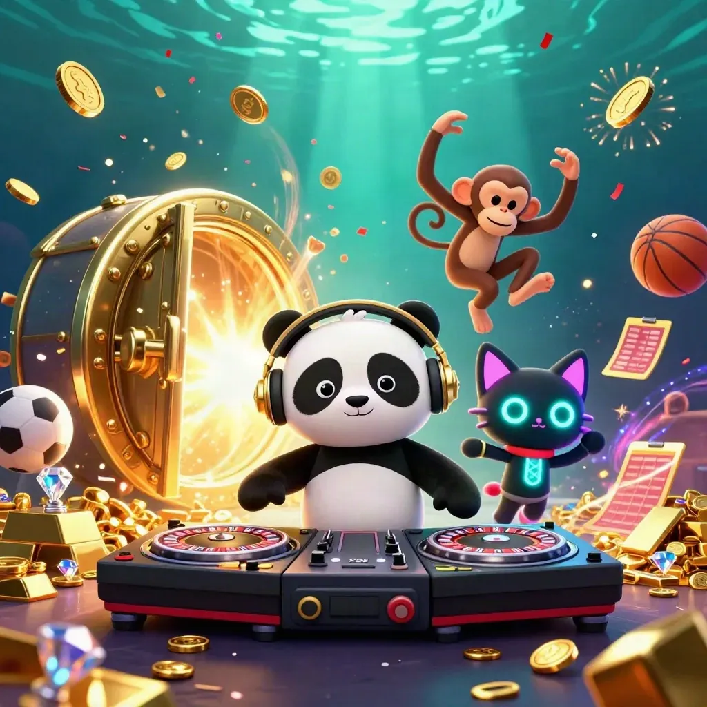 DJ panda, monkey and glow-stick kitten celebrate in a vault explosion with coins and fireworks.