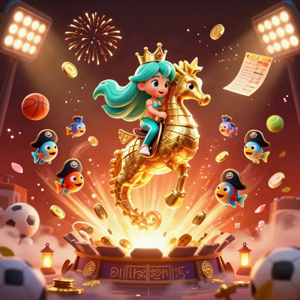 Mermaid princess on armored seahorse, coins, vault burst, trophy, scoreboard, fireworks, sports balls