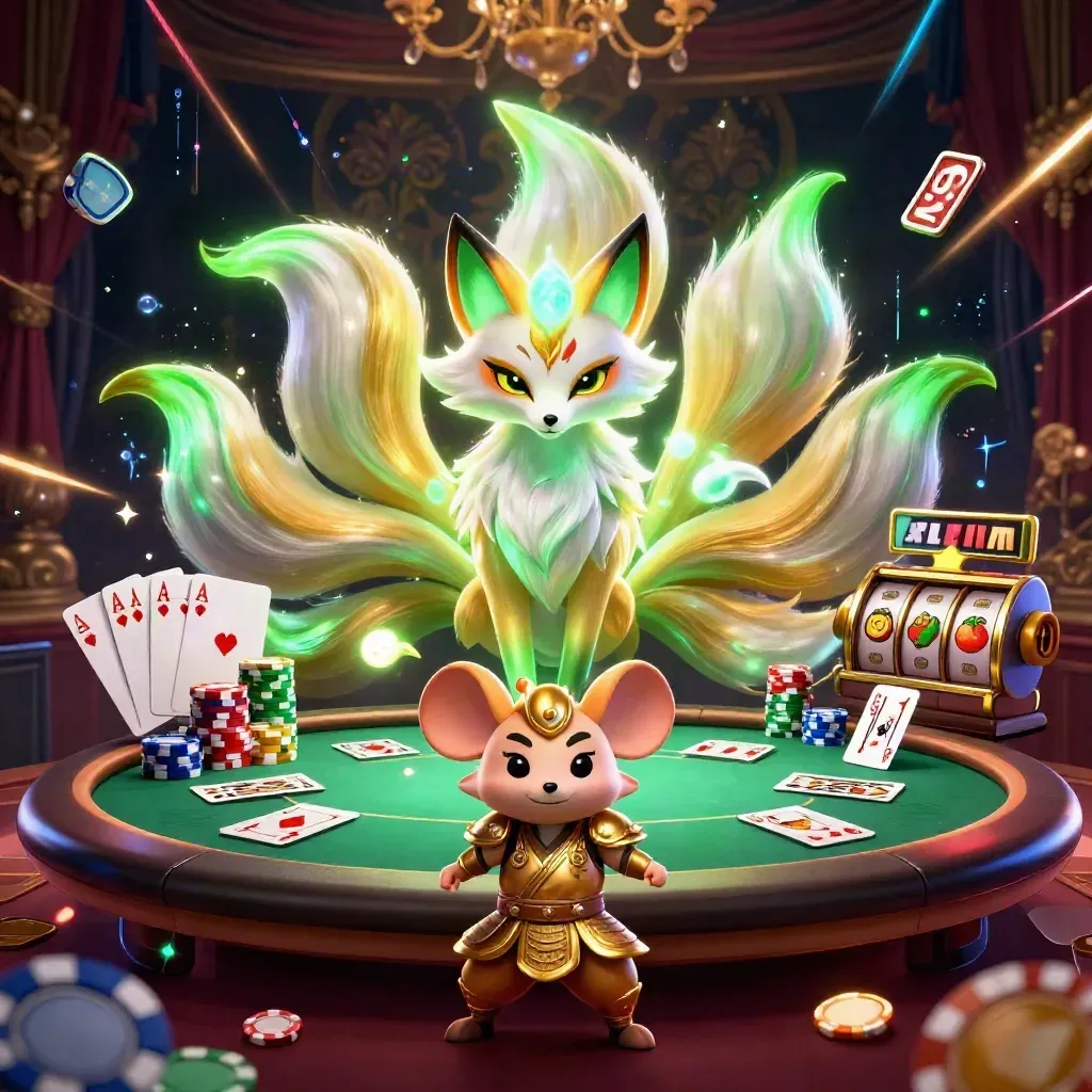 Neon fox spirit and golden samurai mouse amid casino chips, cards, and slot symbols.