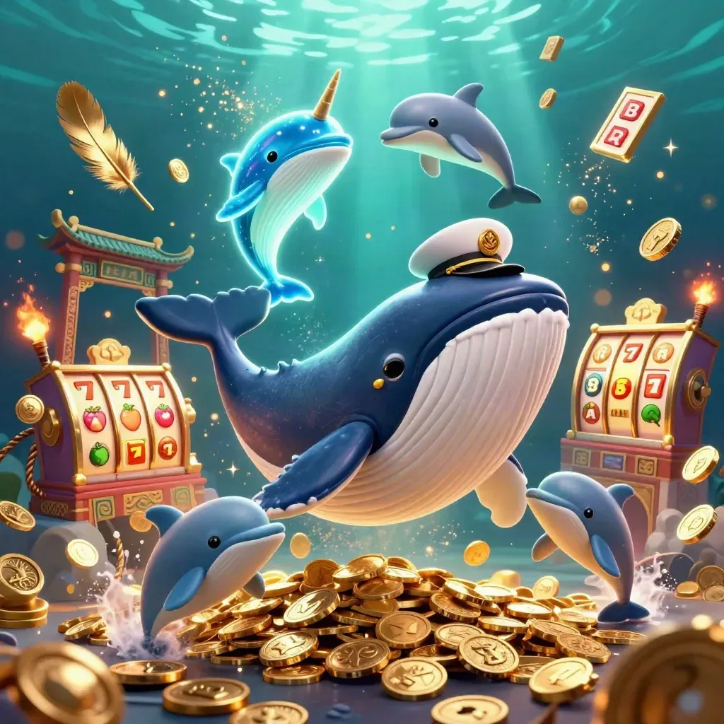 Whale captain, narwhal, and dolphins burst through coins with casino reels and glowing underwater light.